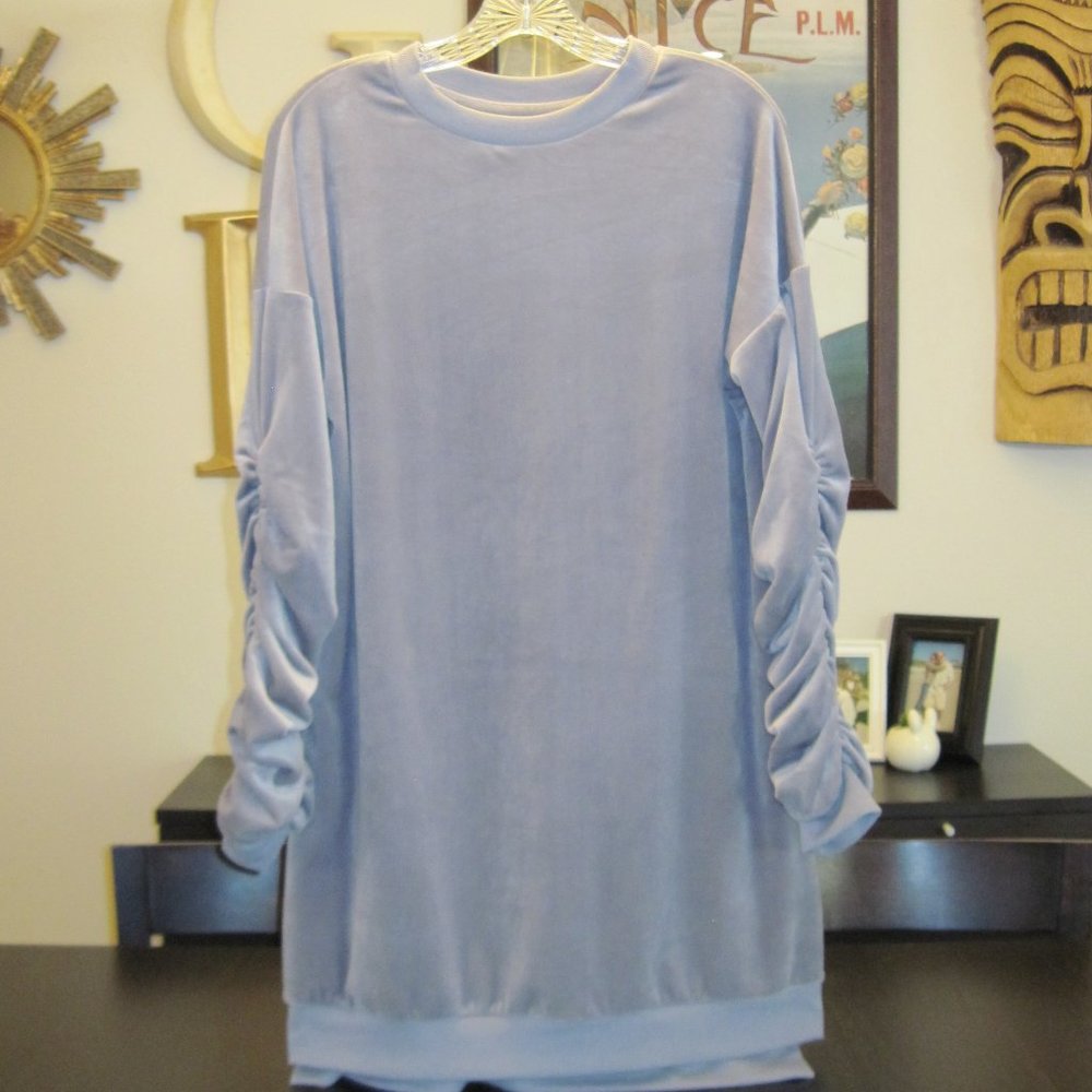 Velour Ruched Sleeve Tunic Sweatshirt